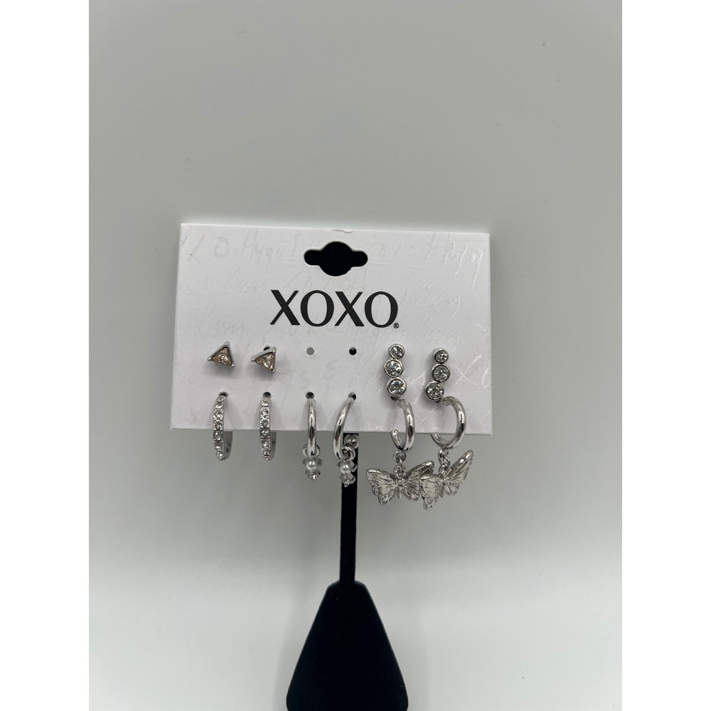 XOXO 6 Pair Earring Set Silver Tone Butterfly Hoops Rhinestone Studs NEW